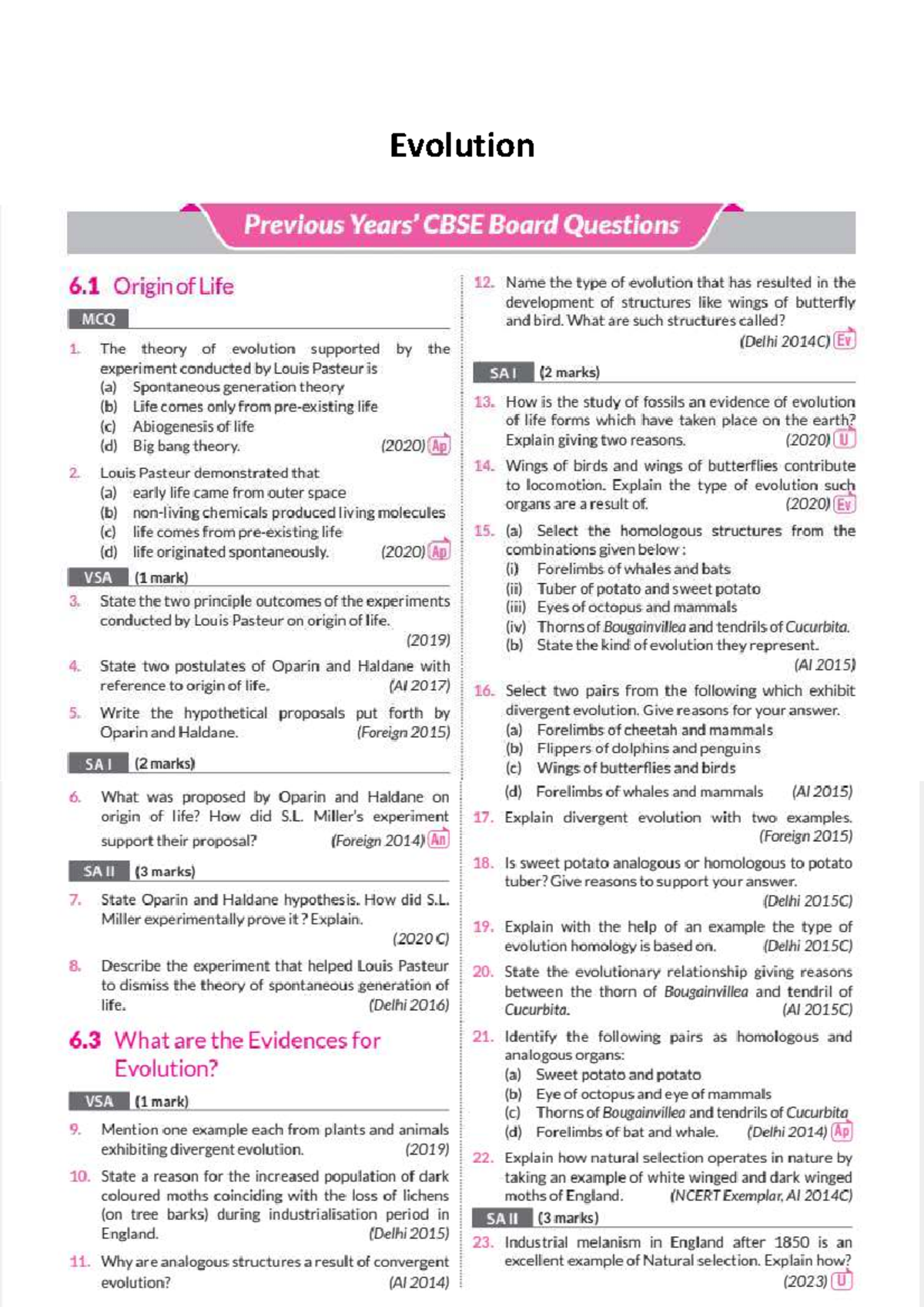 Evolution Previous CBSE Board Questions: Chapter 7 Notes for XII ...