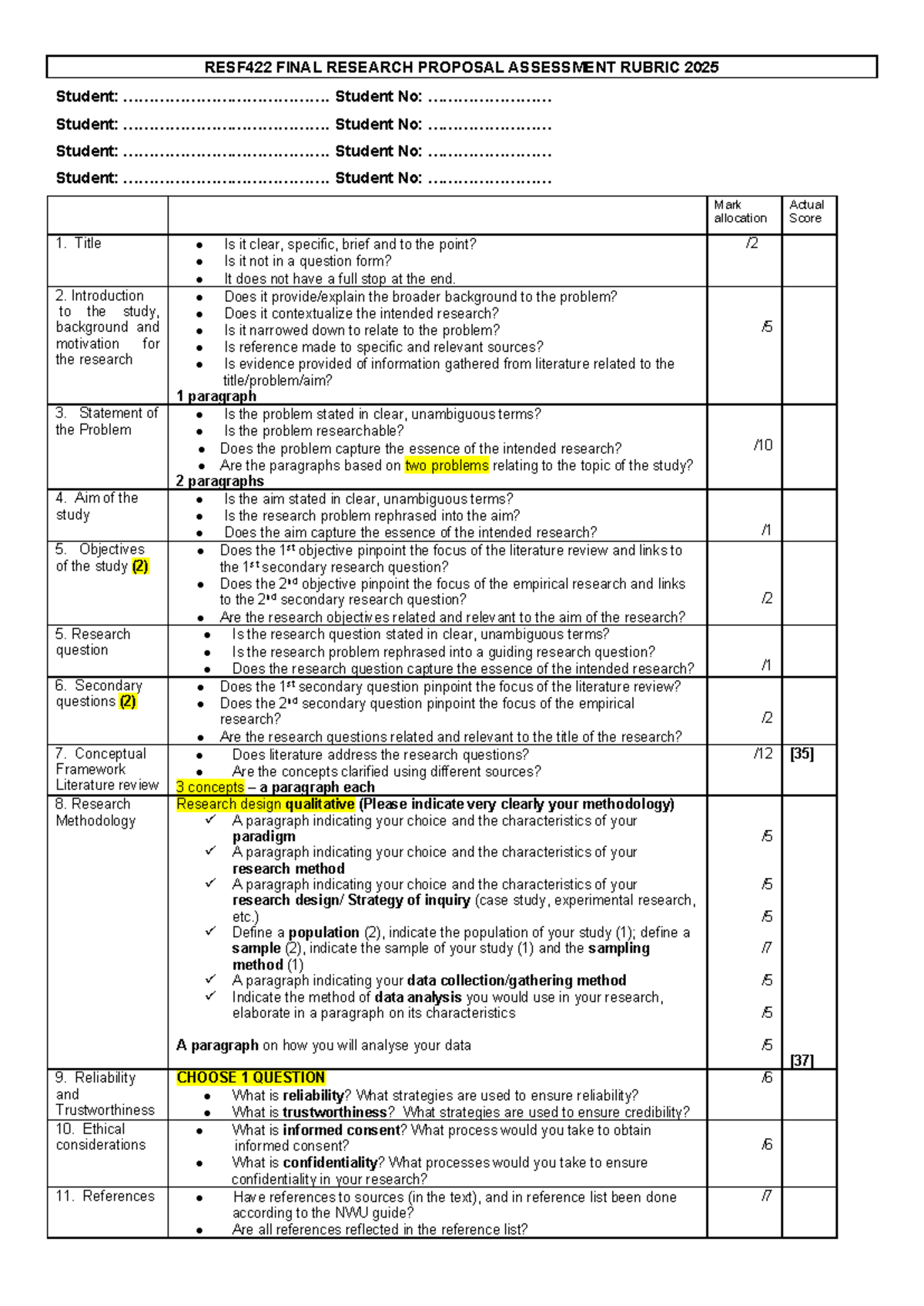 RESF422 FINAL RESEARCH PROPOSAL RUBRIC - NOV 2025 - Studocu