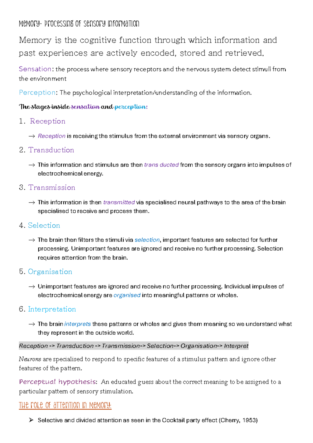 Psychology Notes: Sensory Processing & Memory (PSY101) - Studocu