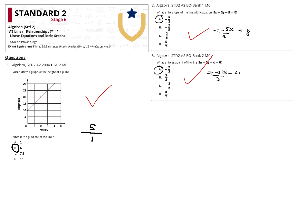 Algebra, STD2 A2 Exam Review: Linear Equations & Graphs - Studocu