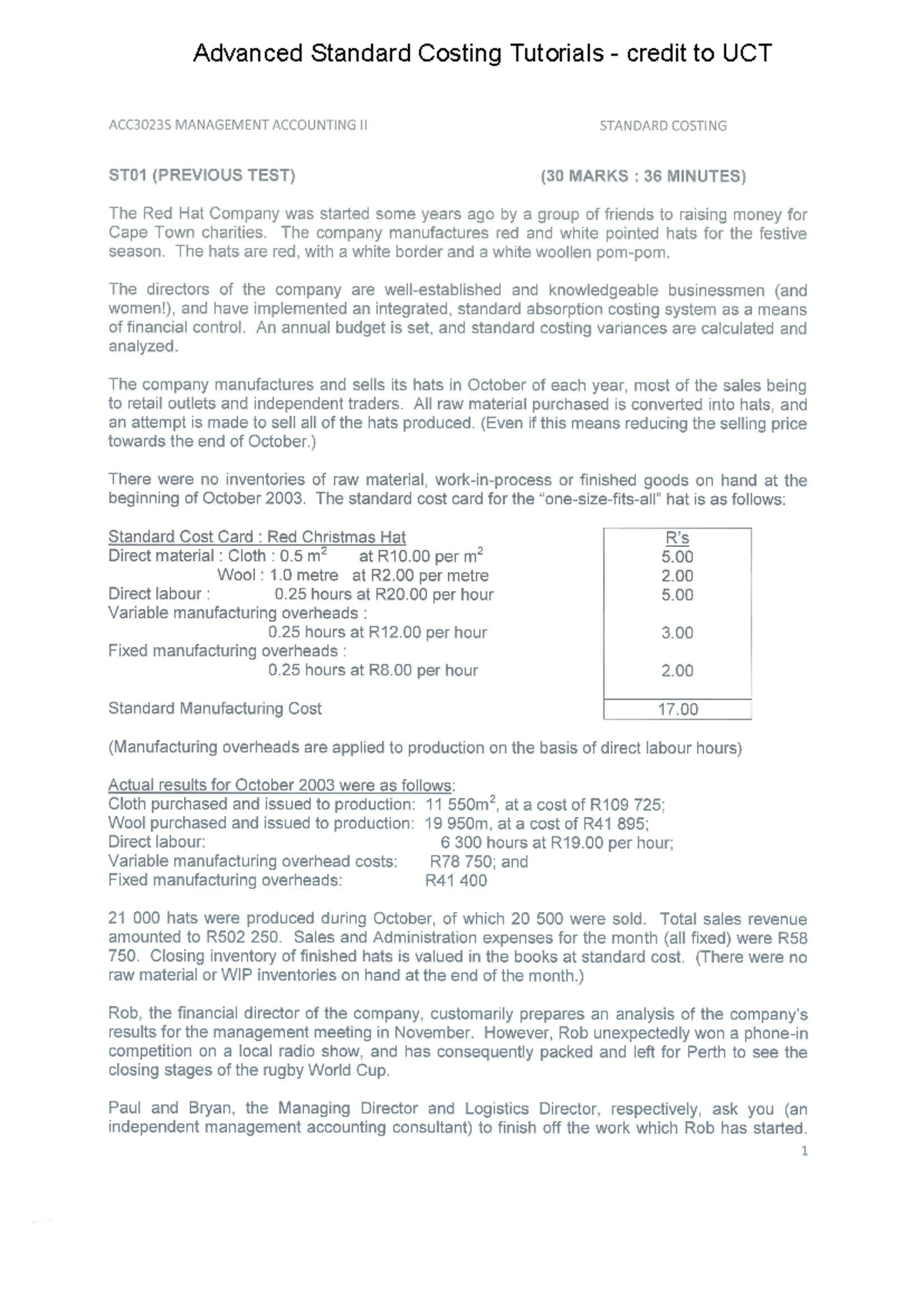 UCT ACC3023S MANAGEMENT ACCOUNTING II STANDARD COSTING TUTORIALS - Studocu