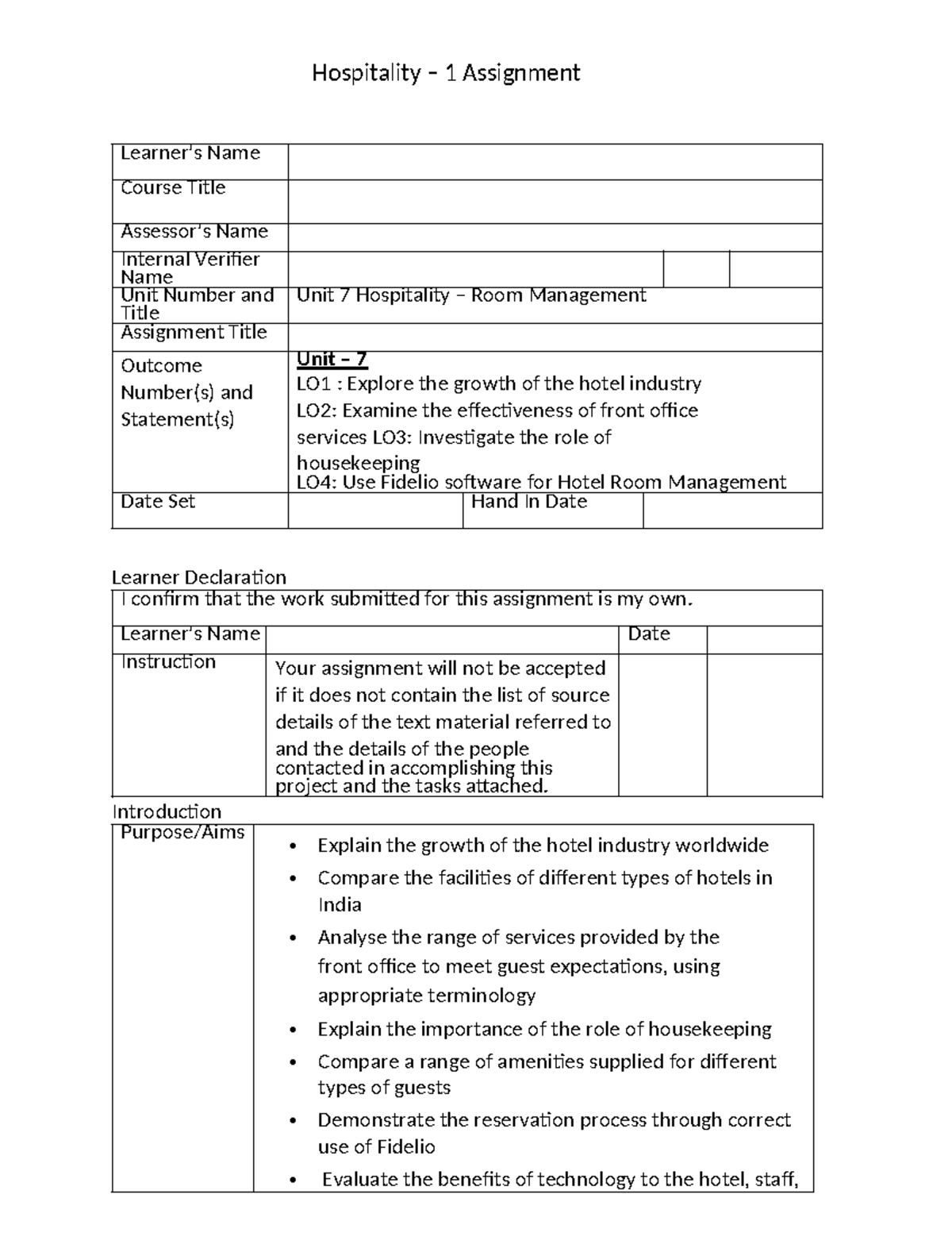 Hospitality 1 Assignment: Unit 7 Room Management & Front Office ...
