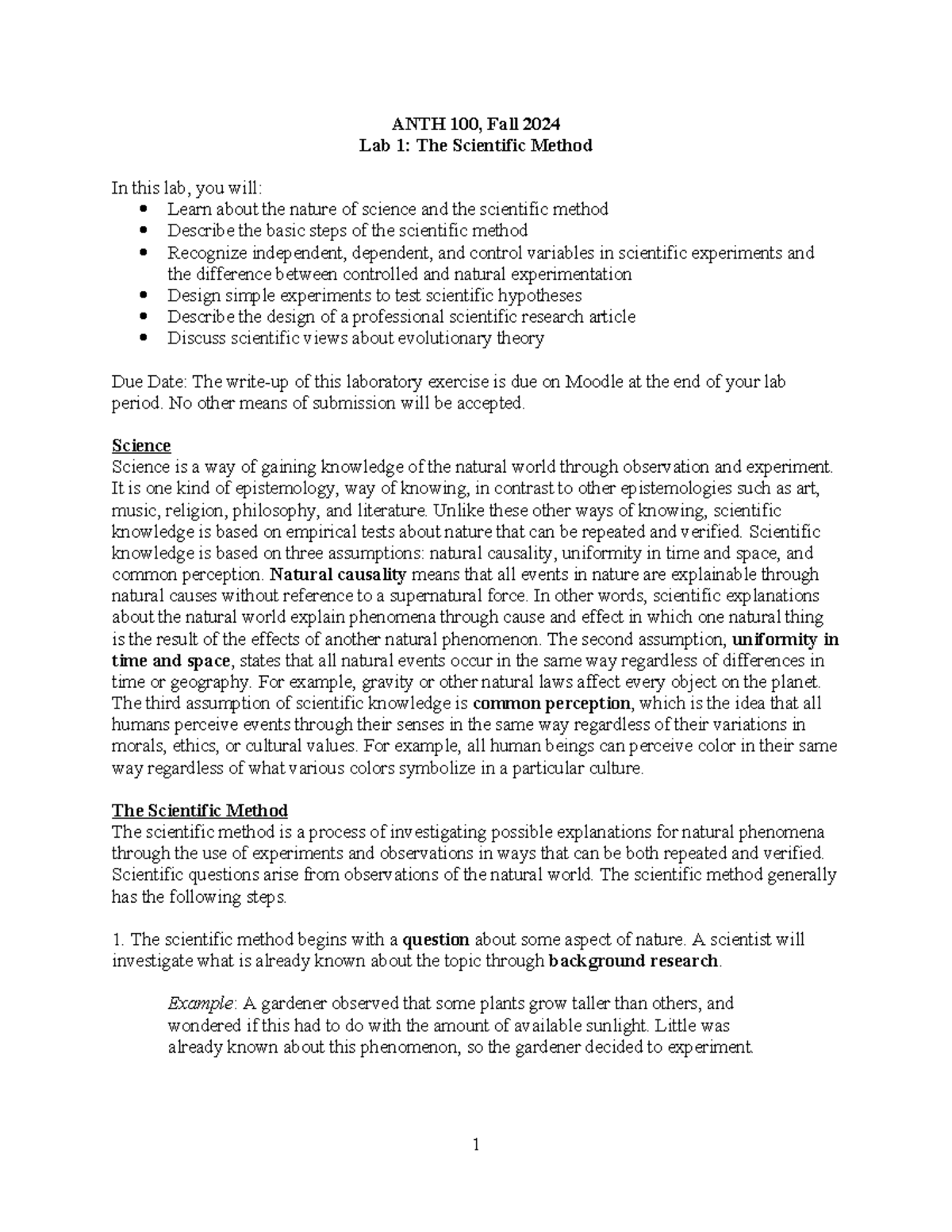 Lab 1 F24 scientific method - ANTH 100, Fall 2024 Lab 1: The Scientific ...