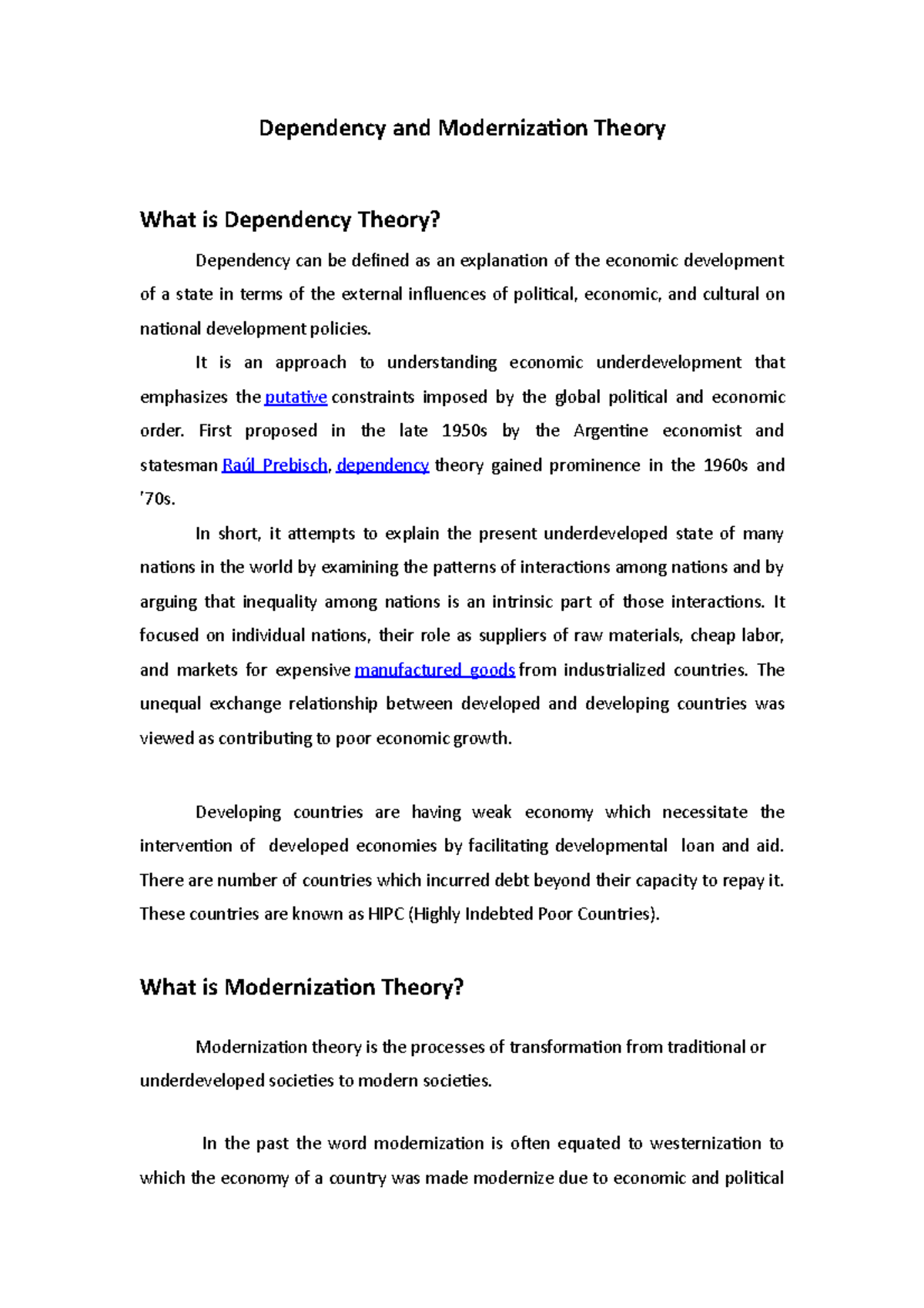 Dependency and Modernization Theory: A Comparative Analysis - Studocu