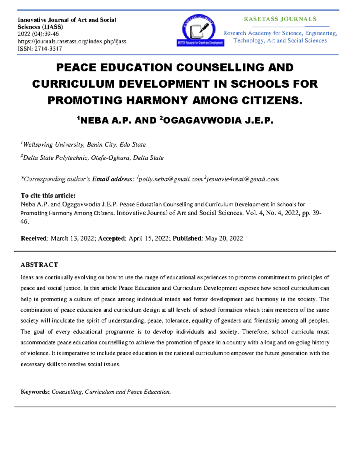 Peace Education Counselling & Curriculum Development in Schools - Studocu