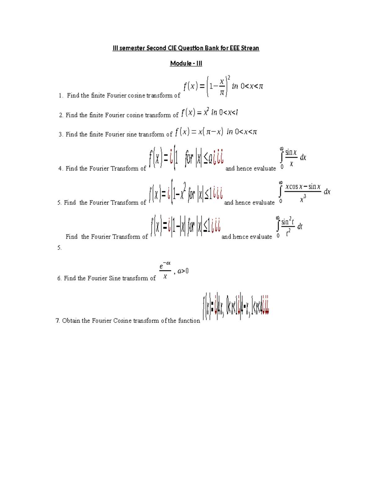 III Semester II CIE Question Bank for EEE: Fourier Transforms - Studocu