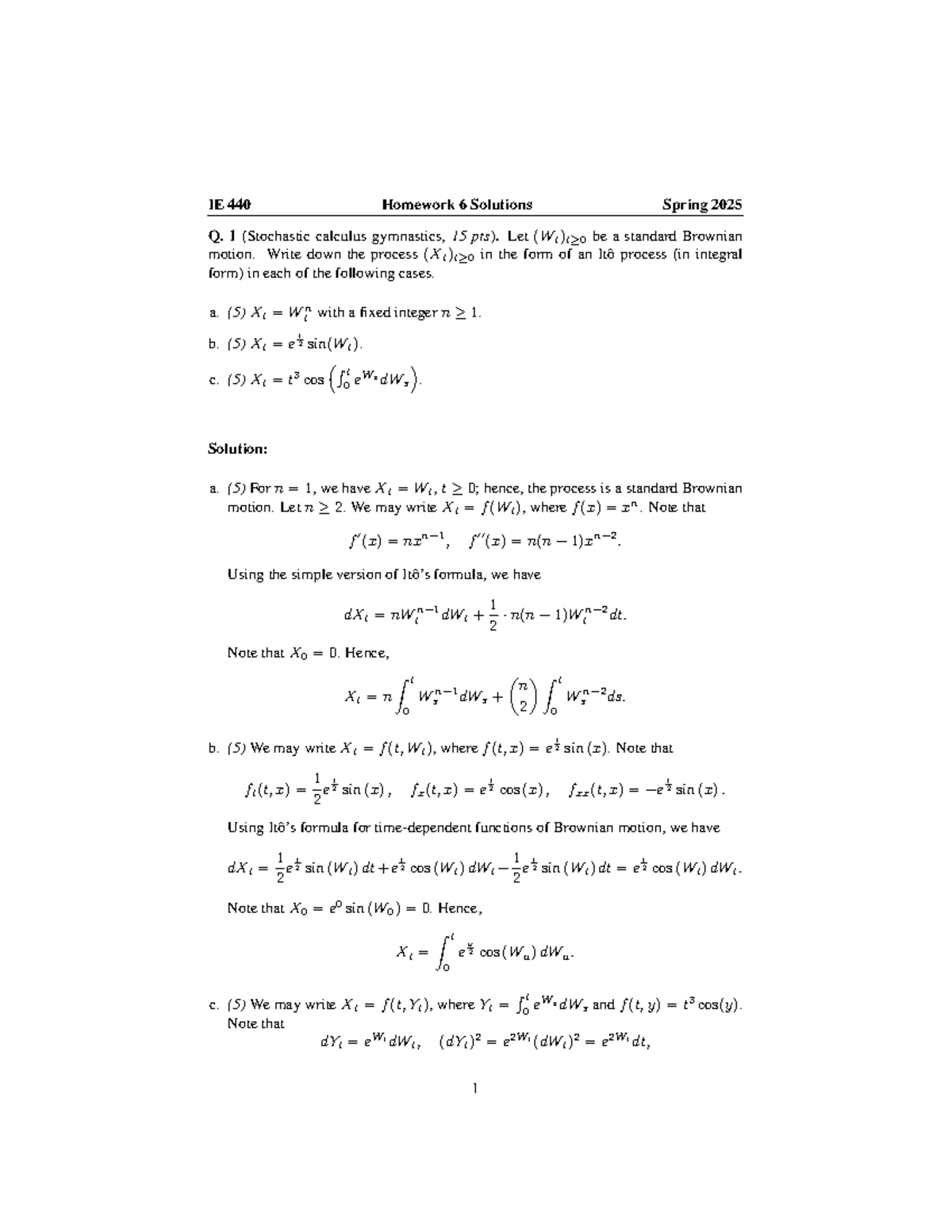 IE 440 Homework 6 Solutions: Stochastic Calculus & ODEs - Studocu