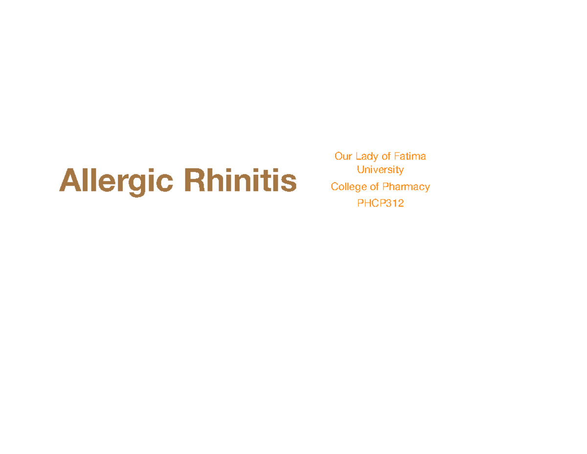 Allergic Rhinitis Overview and Learning Objectives - PHCP312 - Studocu