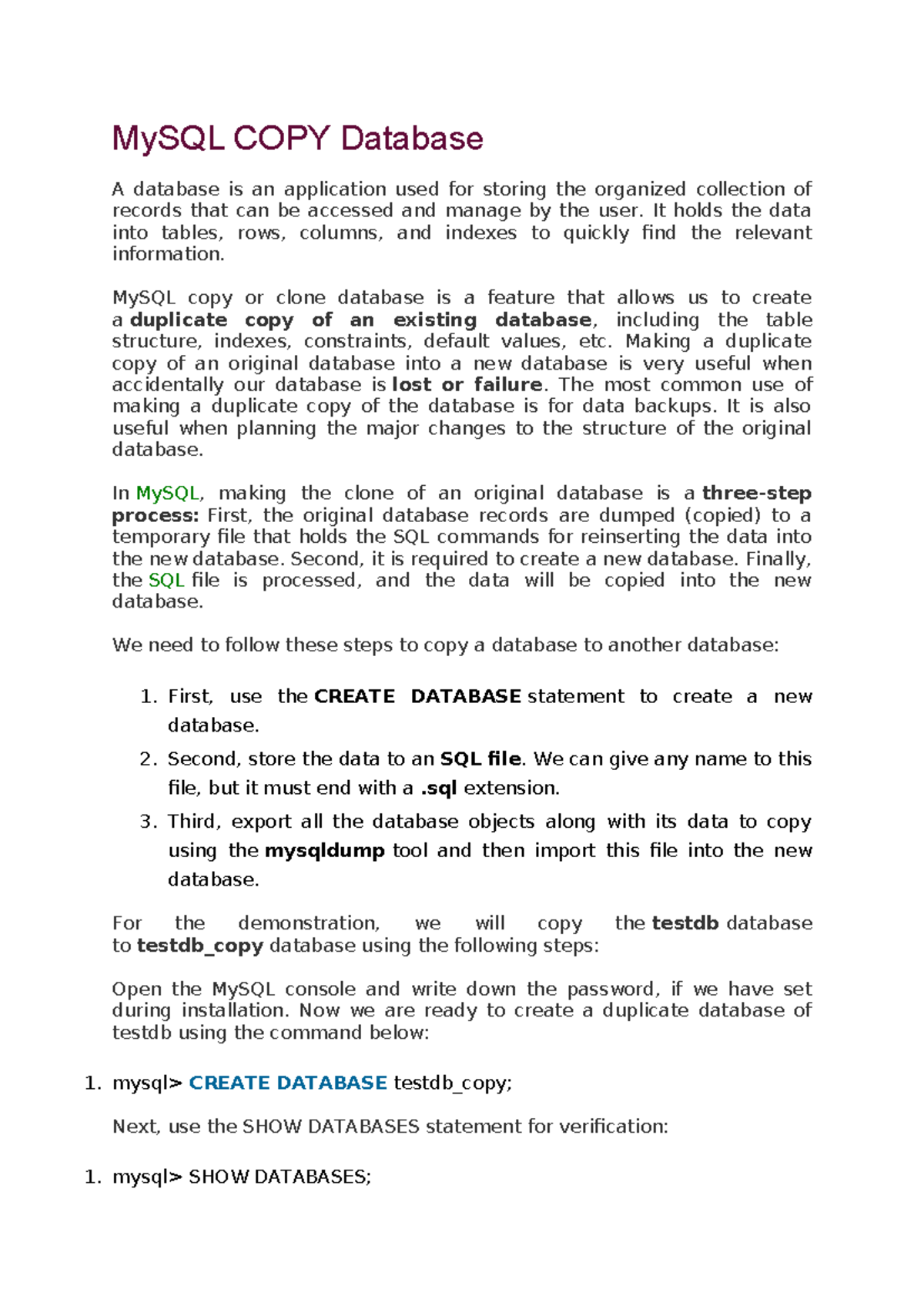 MySQL COPY Database Guide - Nivcr - Studocu