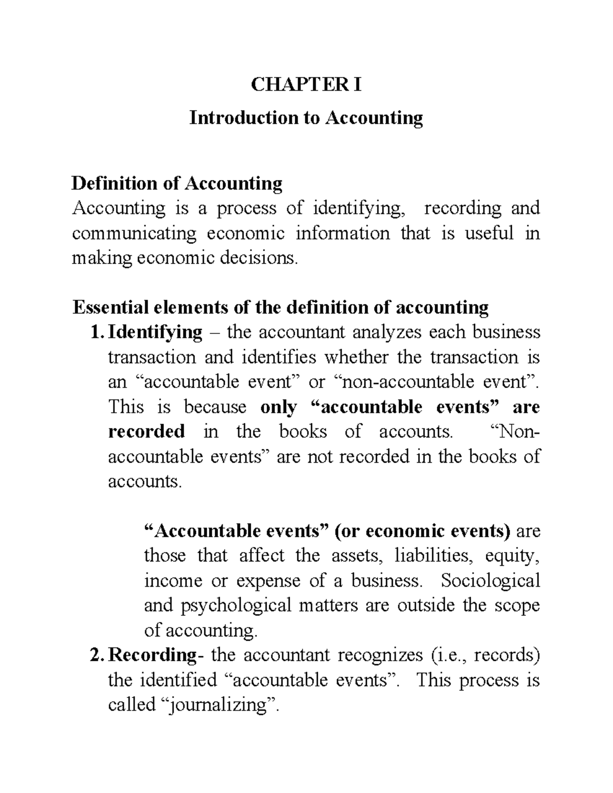 Chapter I - Introduction to Accounting Concepts (ACC101) - Studocu