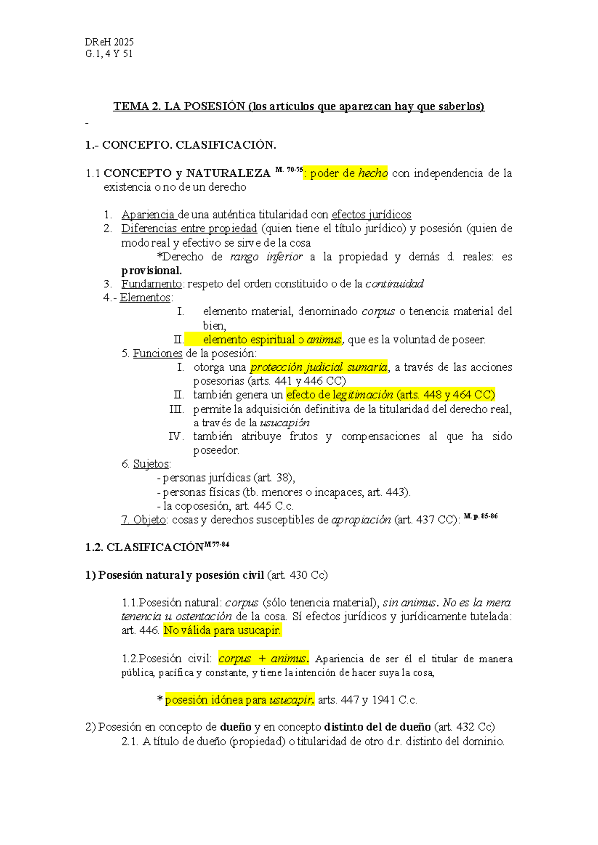 Esquema TEMA 2 1º Parte 2025 - G, 4 Y 51 TEMA 2. LA POSESIÓN (los ...
