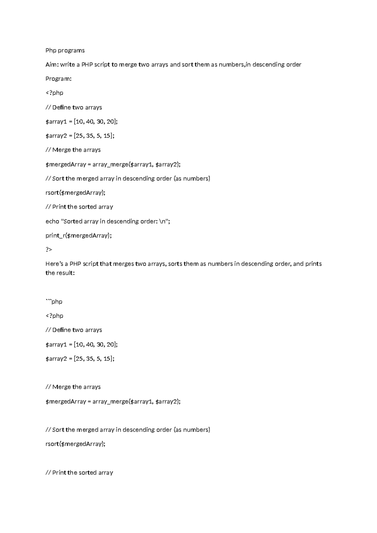 Php programs - Php programs Aim: write a PHP script to merge two arrays ...