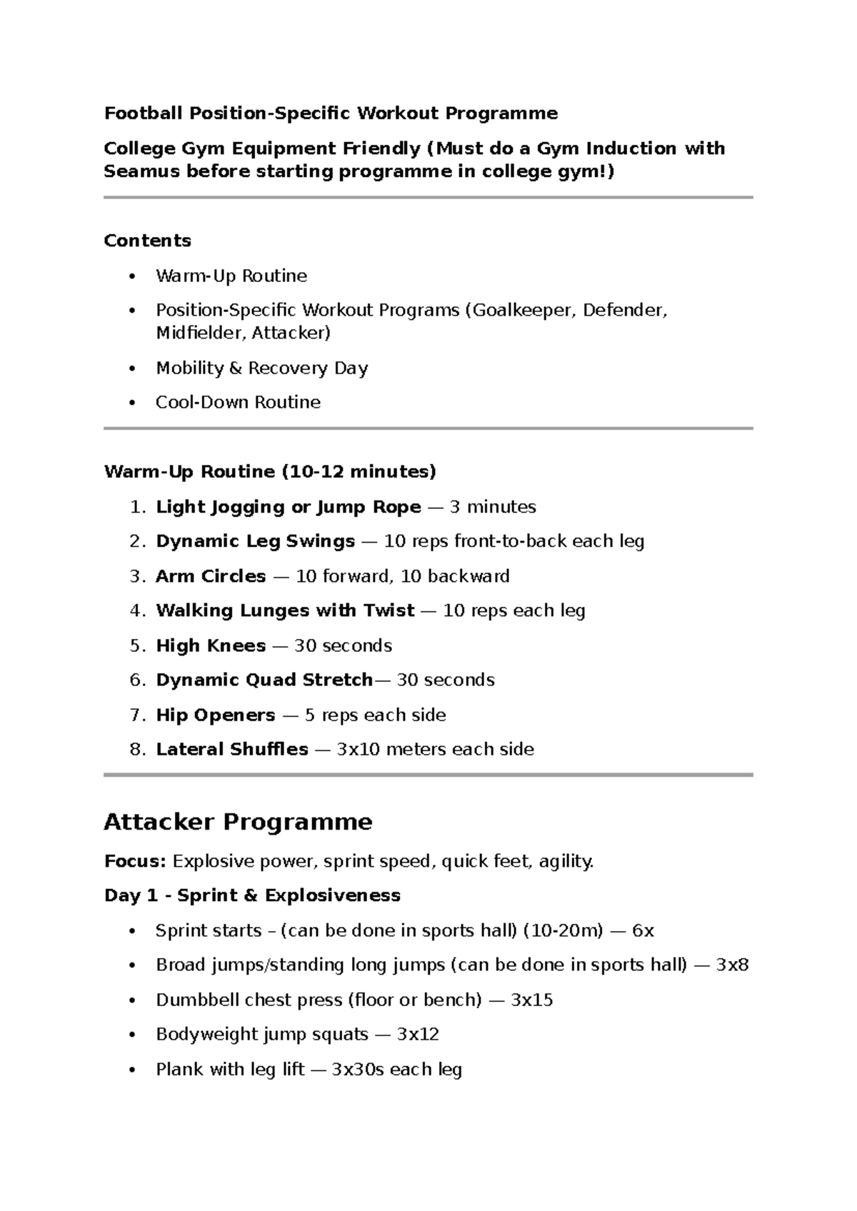 Football Workout Programme for Attacker - College Gym Routine - Studocu