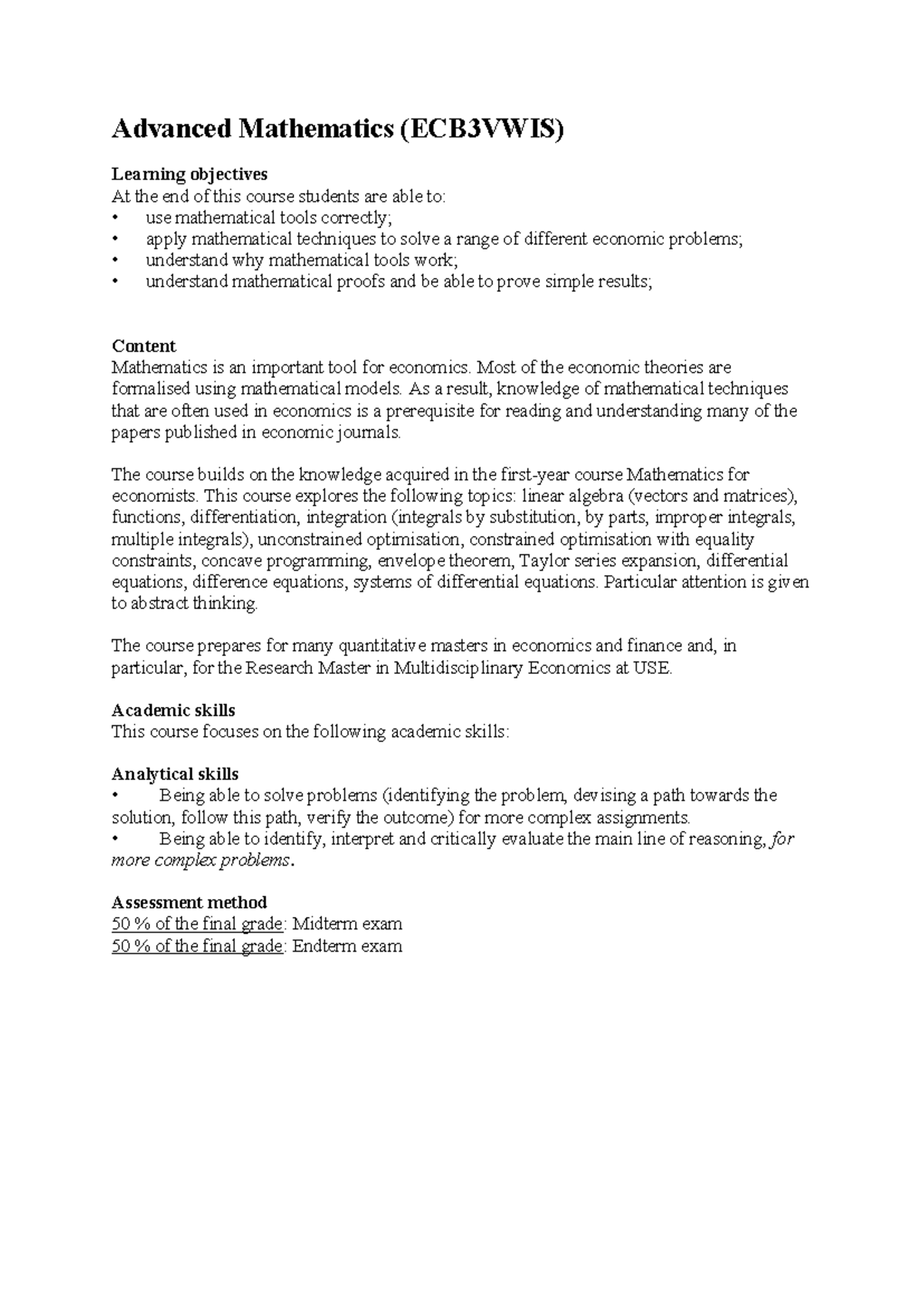 Advanced Mathematics (ECB3VWIS) Course Overview and Objectives ...