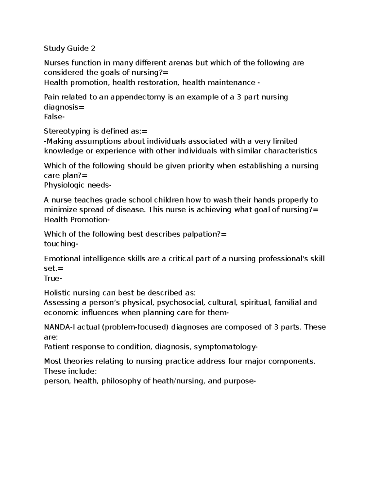 Study Guide 2 (Chp 3 & 4) - Goals of Health Promotion in Nursing - Studocu
