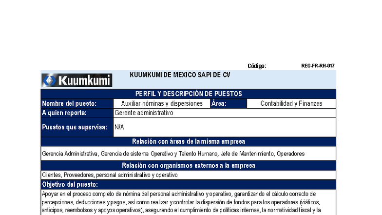 Auxiliar De Nomina Descripcion De Puesto