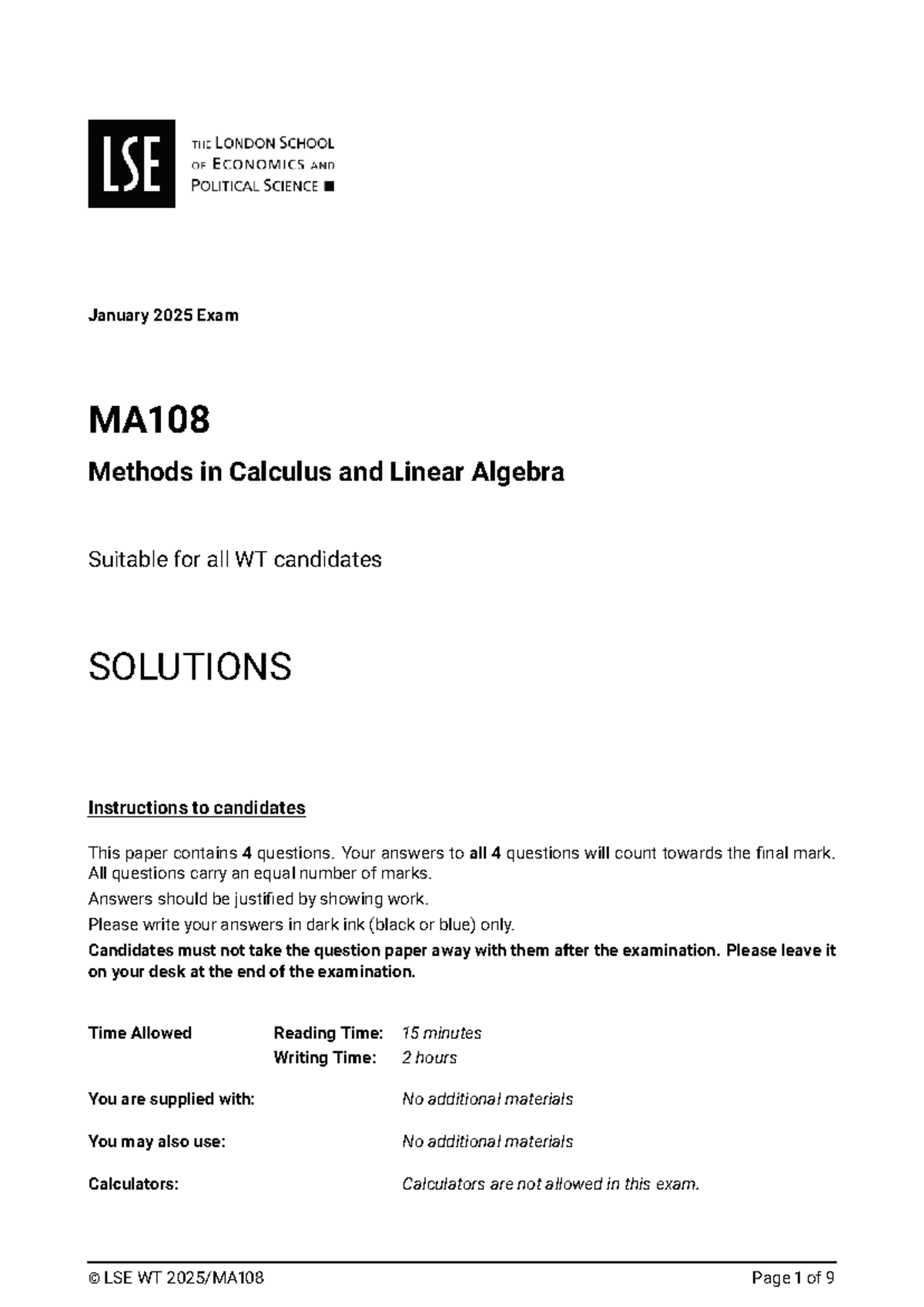 January 2025 MA108 Methods in Calculus and Linear Algebra Exam ...