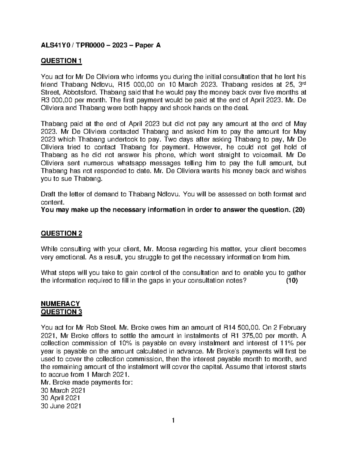 ALS41Y0 2023 Practice Questions: Legal Scenarios & Calculations - Studocu