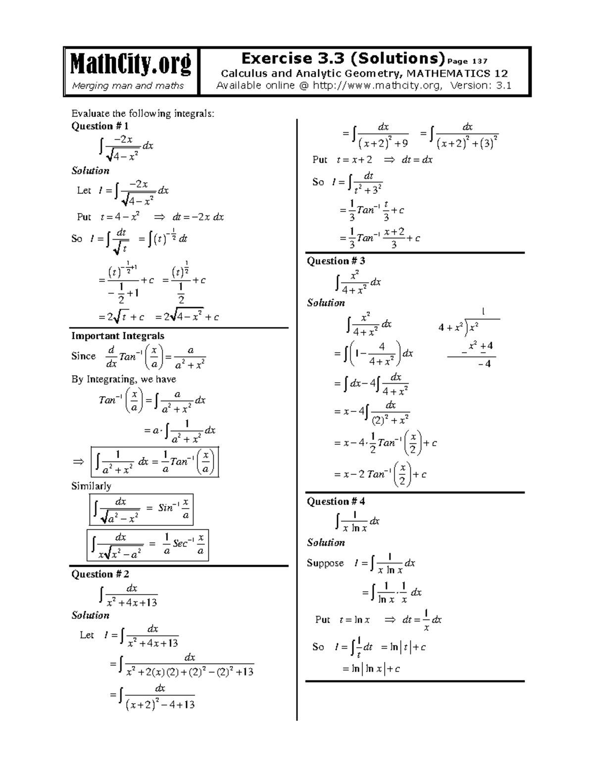 Math12 Calculus Exercise 3 Solutions - Integrals Evaluation - Studocu