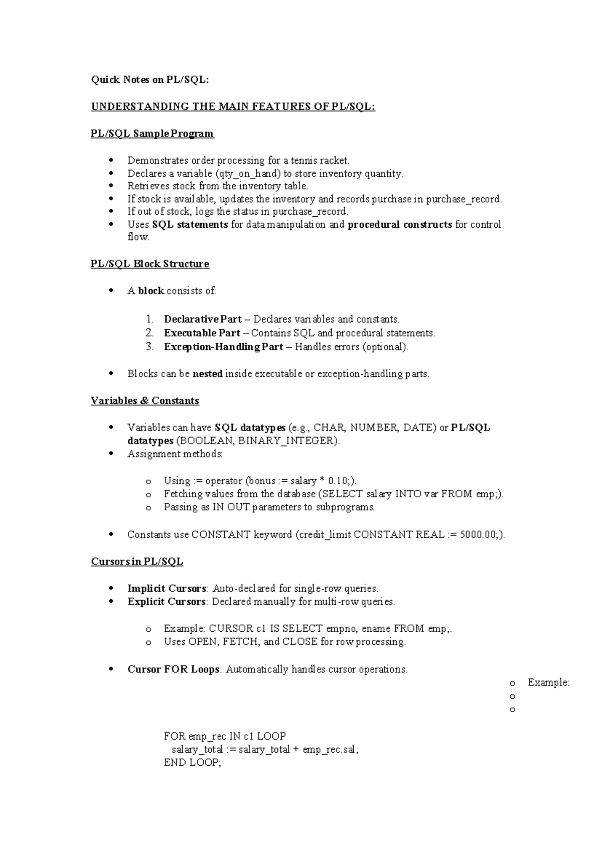 PLSQL Quick Notes: Understanding Sample Program Features - Studocu