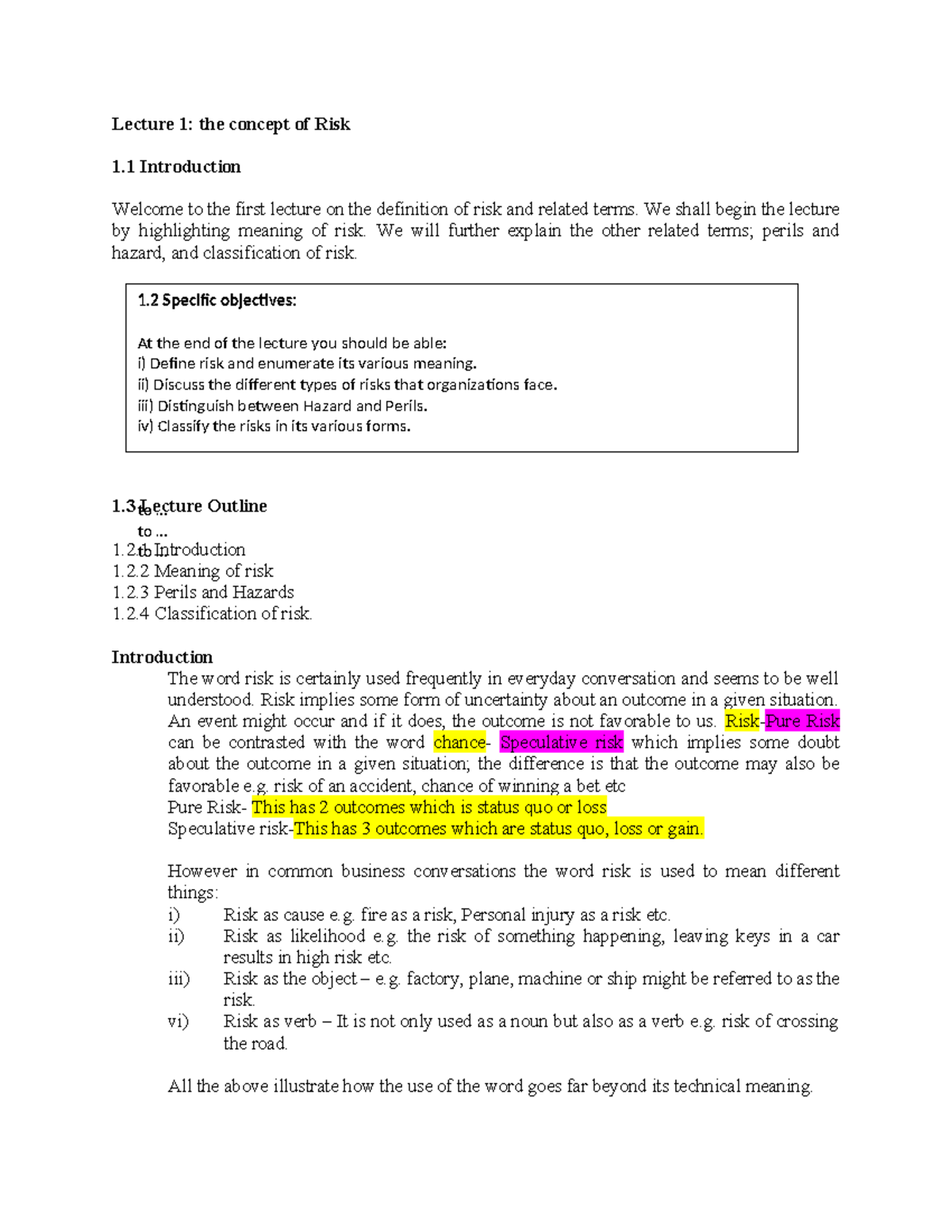 Lecture 1: Understanding the Concept of Risk and Its Classifications ...