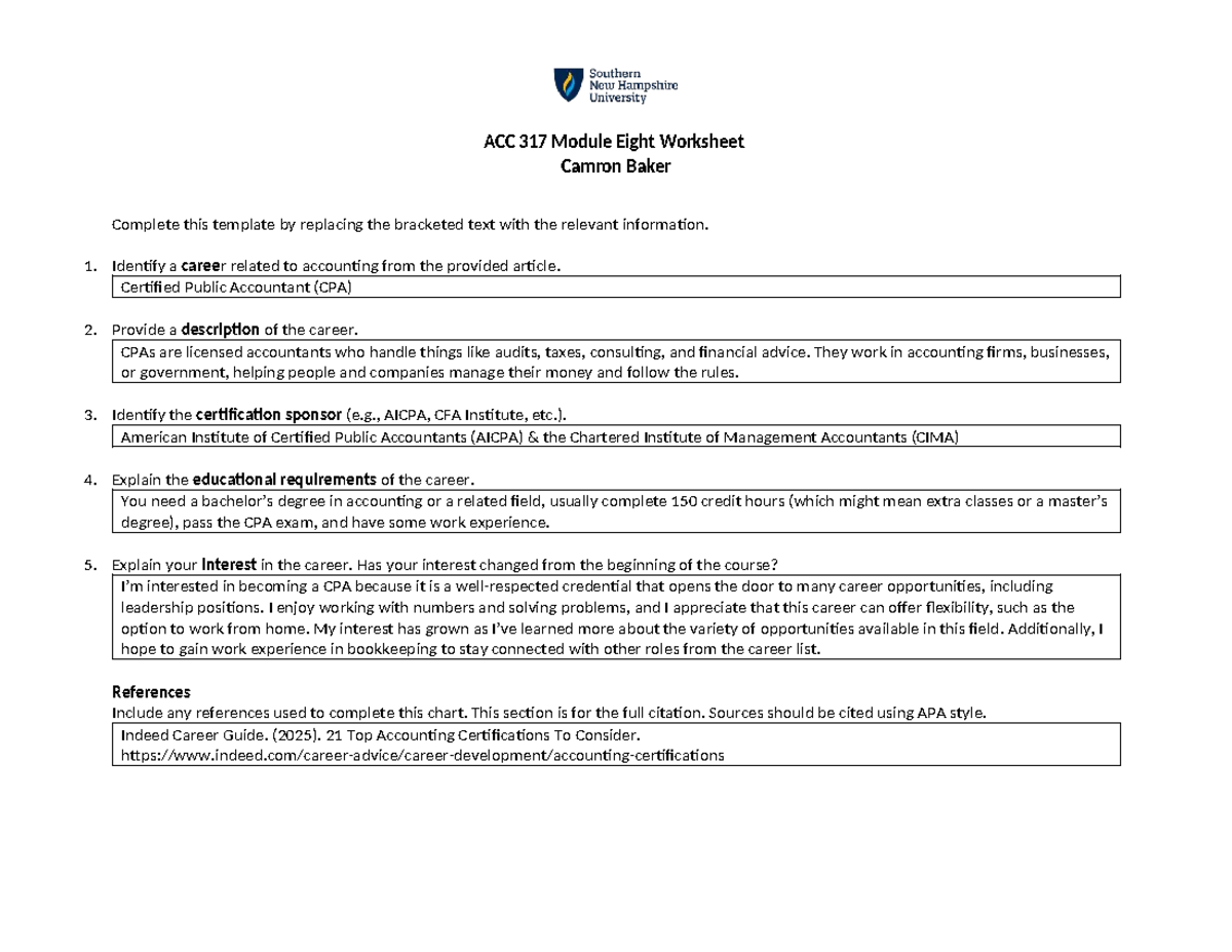 ACC 317 Module 8 Worksheet: Career Exploration in Accounting - Studocu