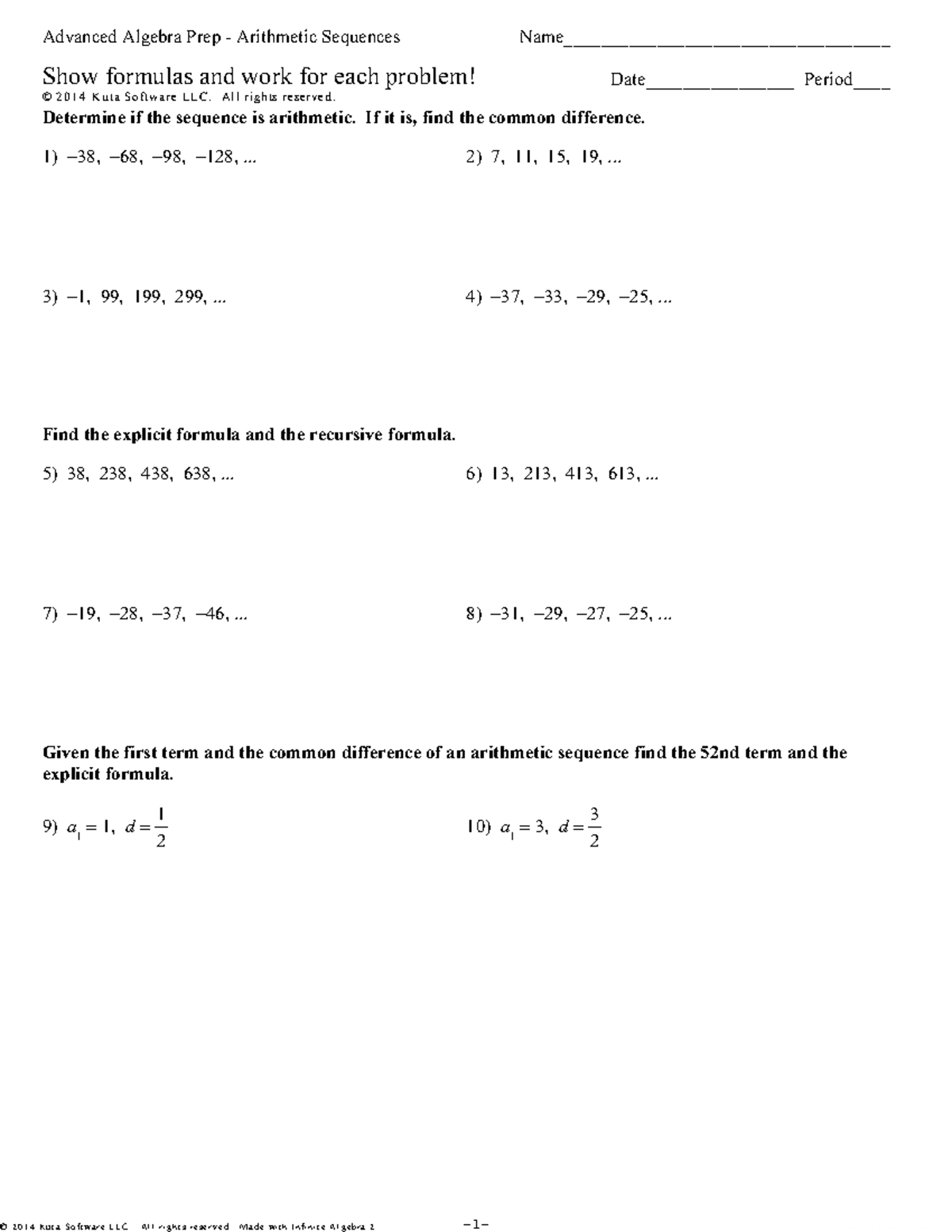 Arithmetic Sequences Worksheet - Advanced Algebra Prep - Studocu