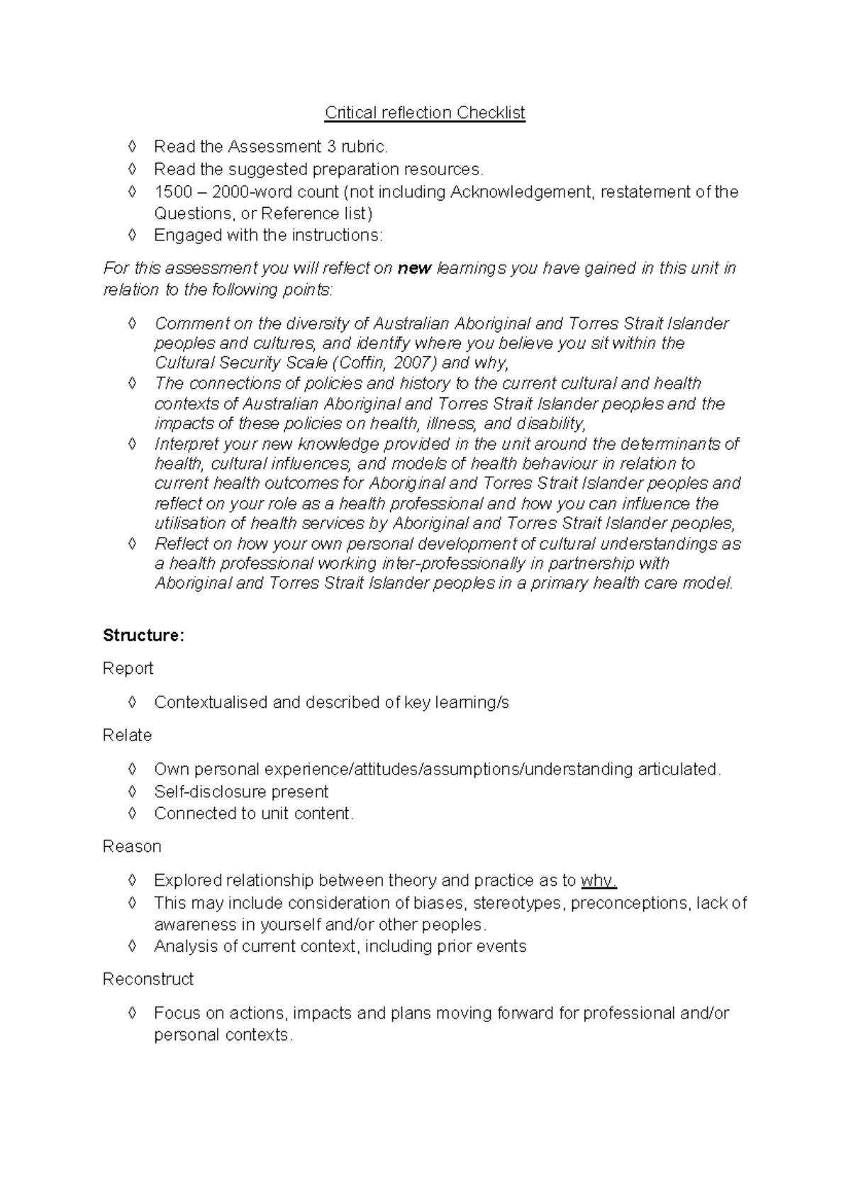 Ass 3 - Critical reflection - Critical reflection Checklist Read the ...