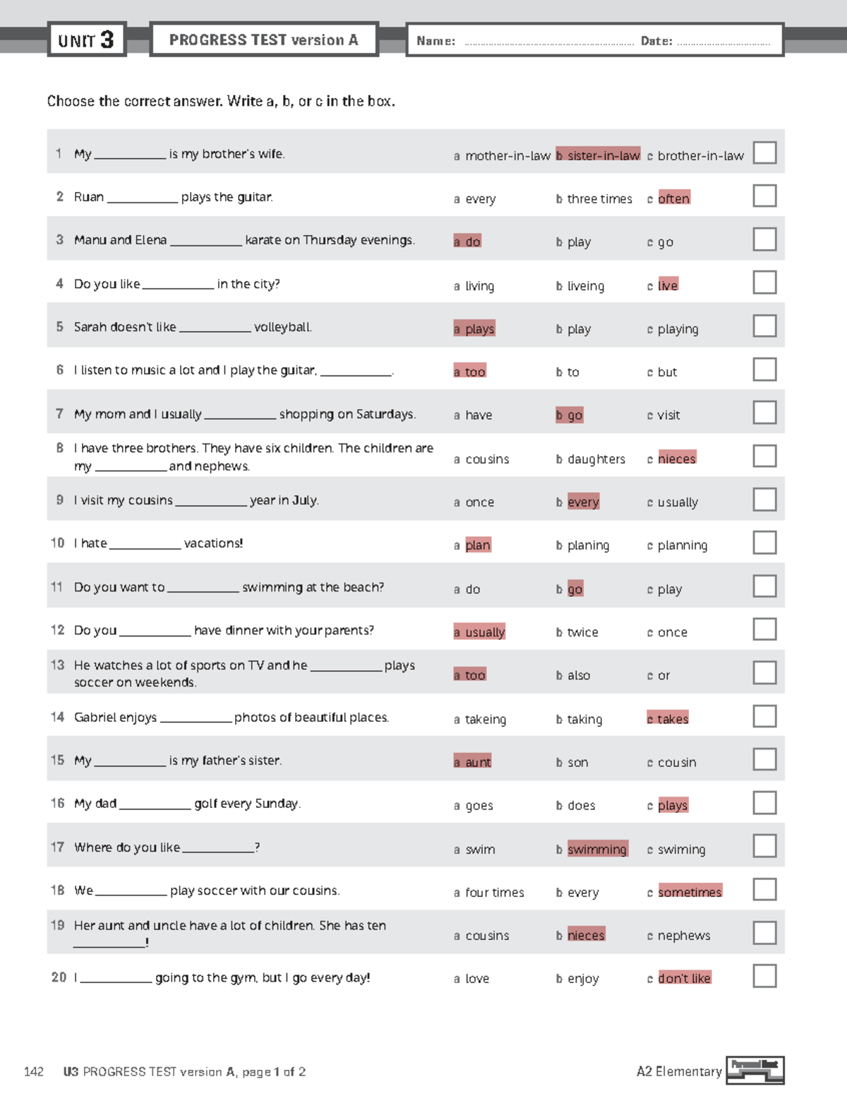 A2 Elementary Unit 3 progress test version A - Studocu