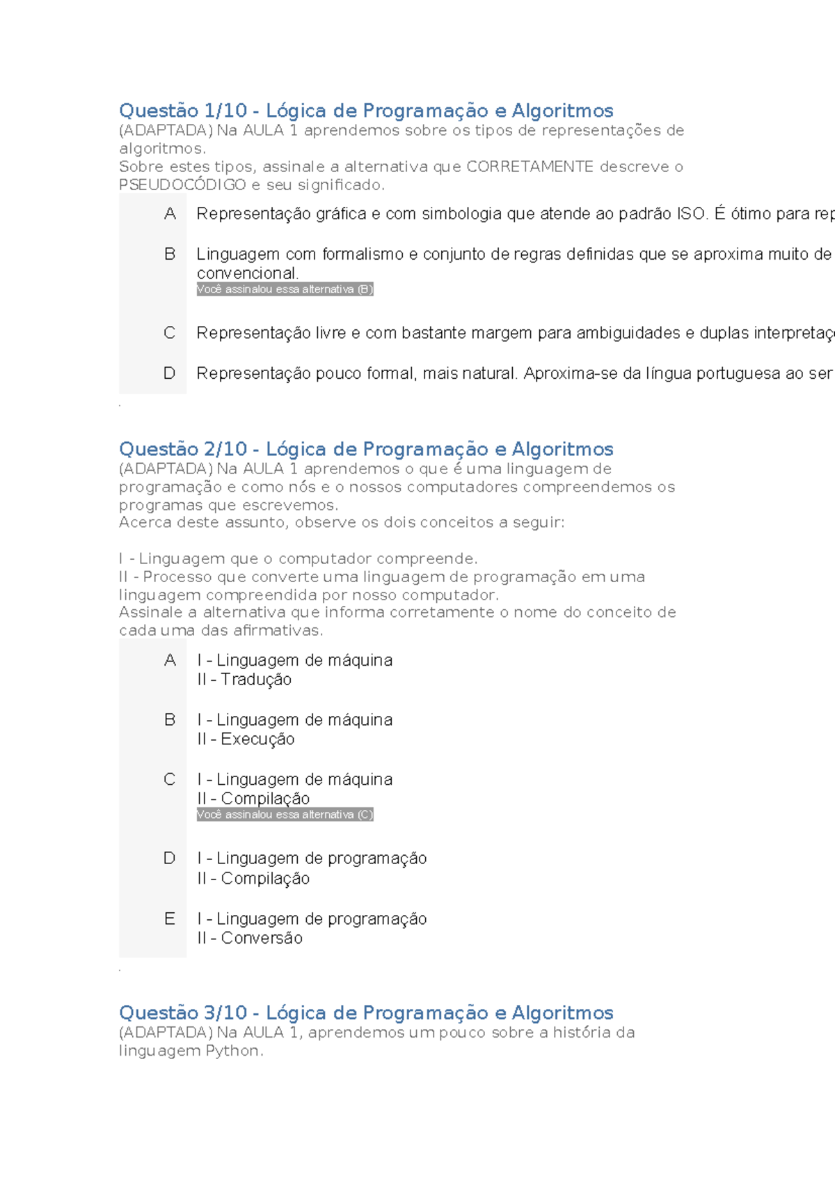Lógica de Programação e Algoritmos - Prova 2023 - Questões Adaptadas ...