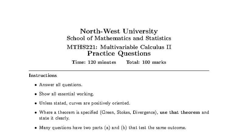MTHS221: Multivariable Calculus II Practice Exam 2025 - Studocu