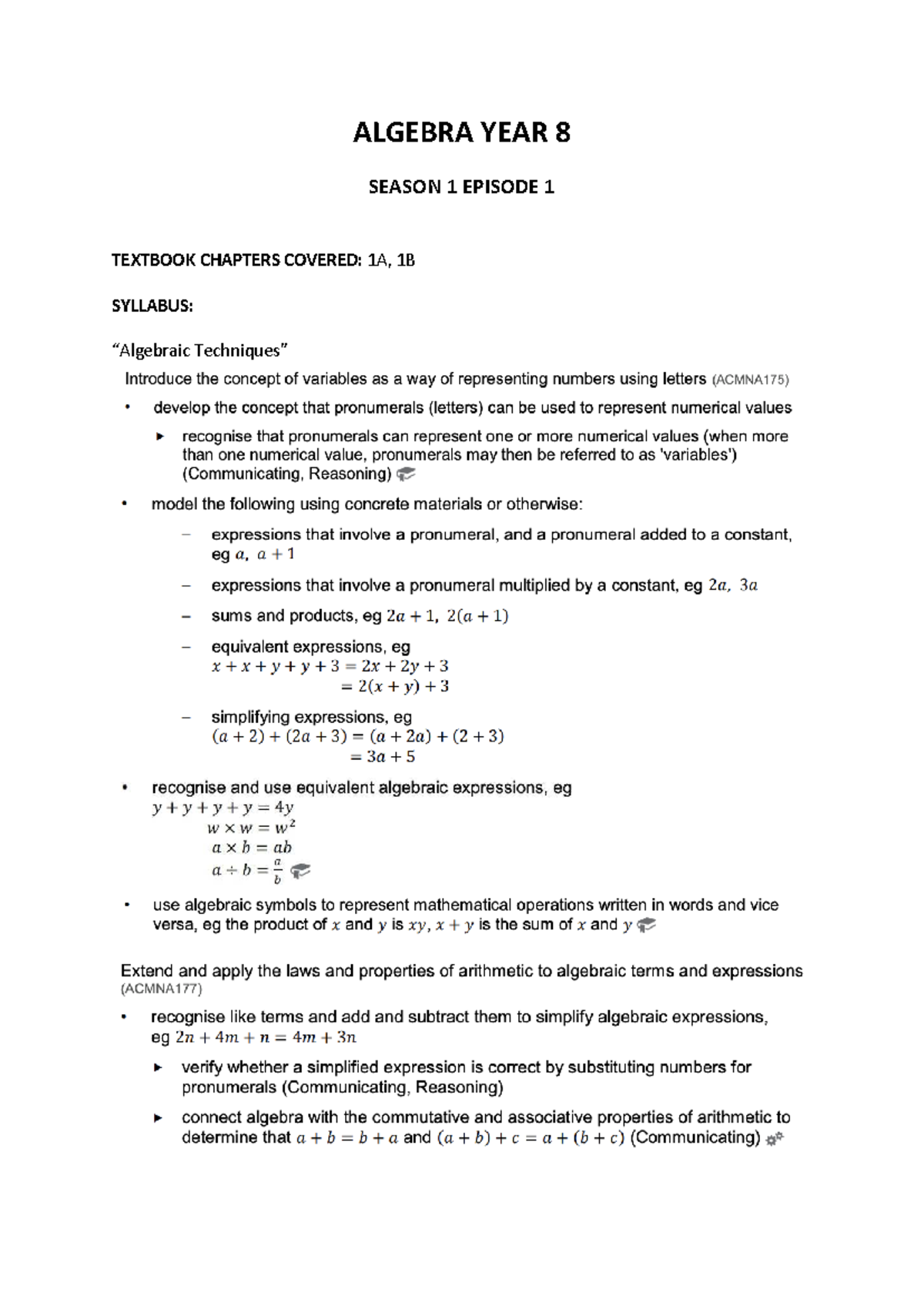 Year 8 Algebra Notes Part 1: Intro to Algebra Concepts and Terms - Studocu