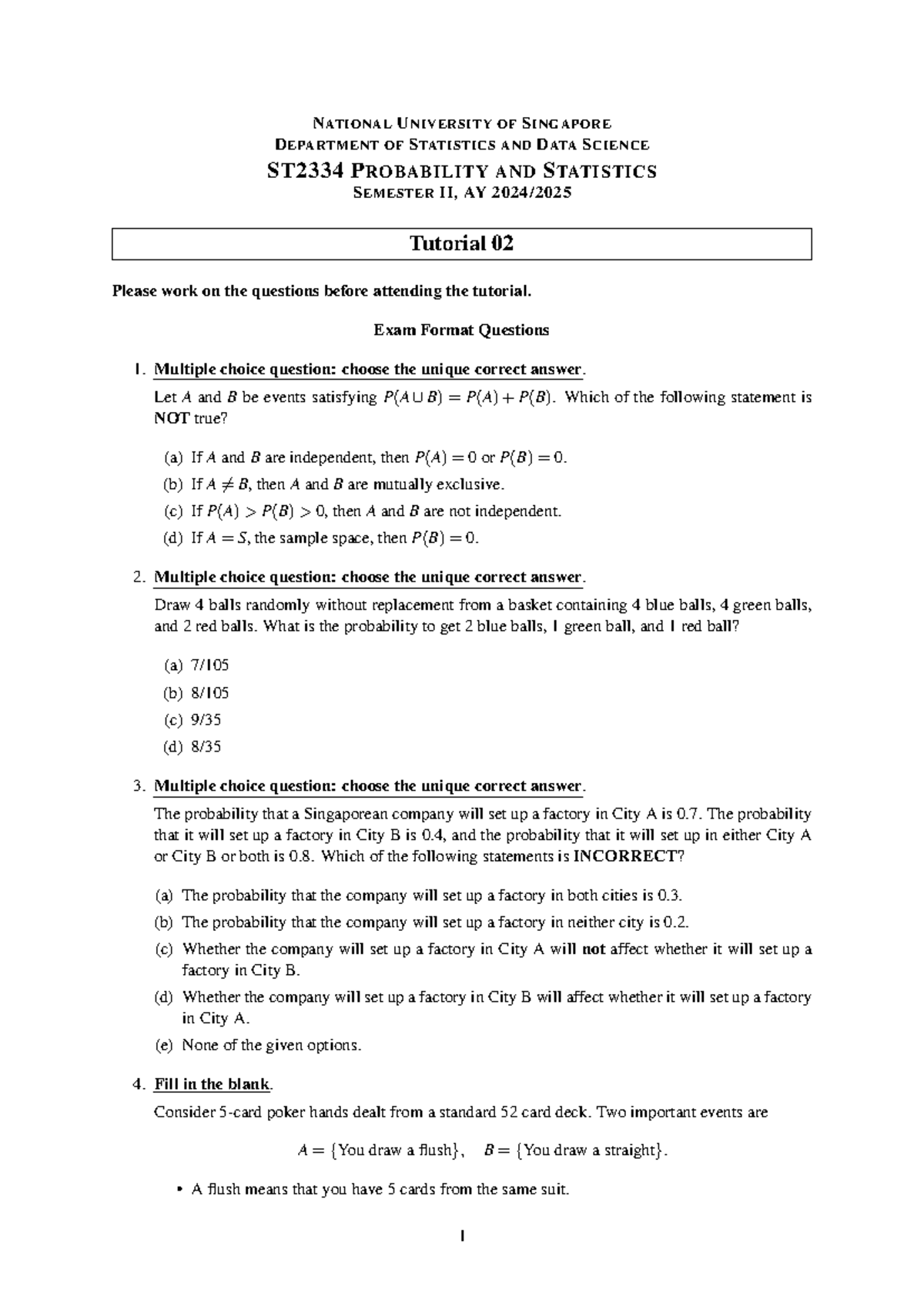 St2334 probability and statistics semester II tutorial 02 notes - Studocu