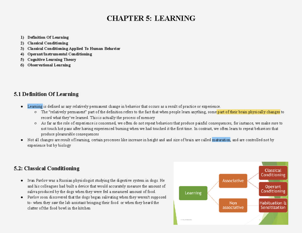 CHAPTER 5: LEARNING - Lecture Notes on Conditioning Theories - Studocu