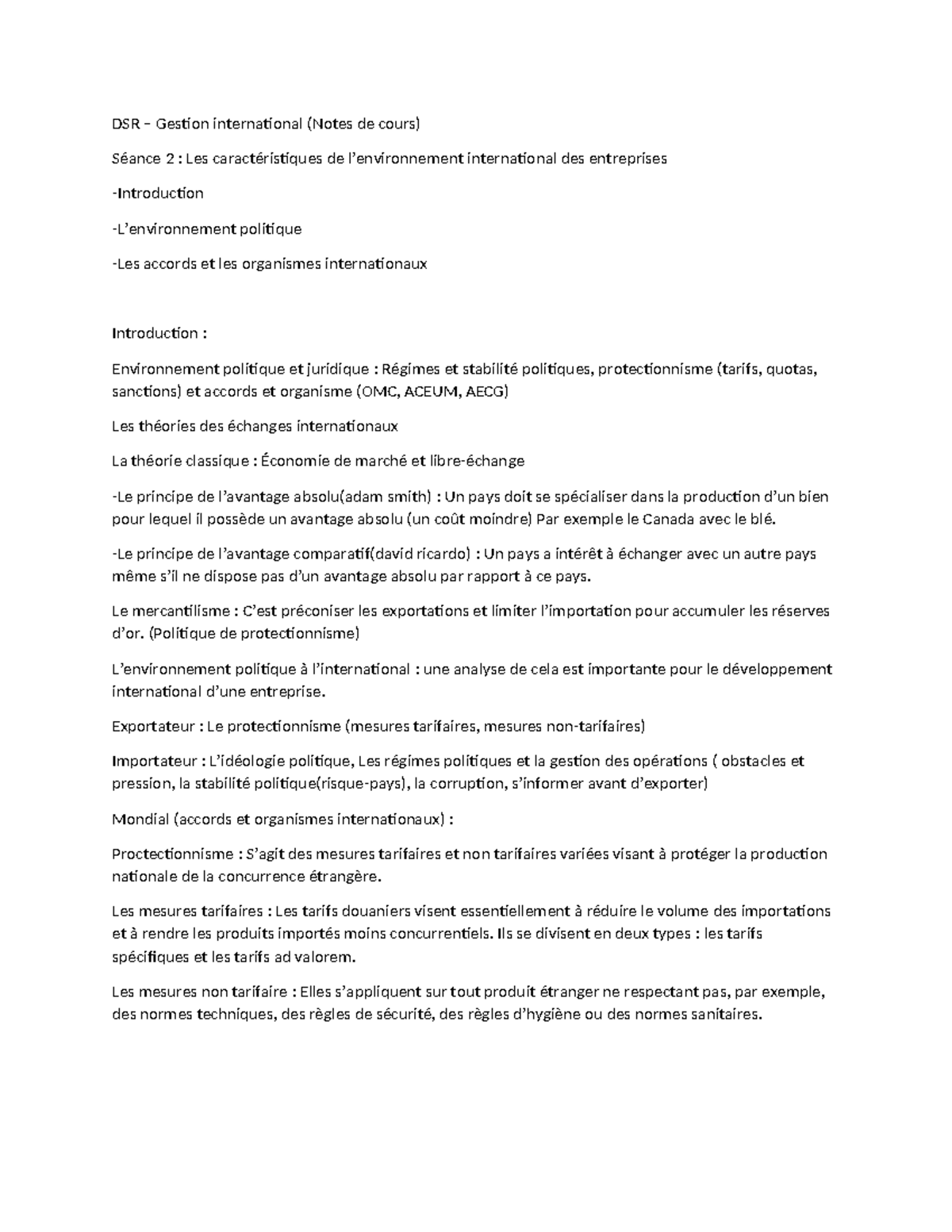 DSR Gestion International (Notes de Cours) - Séance 2: Caractéristiques ...