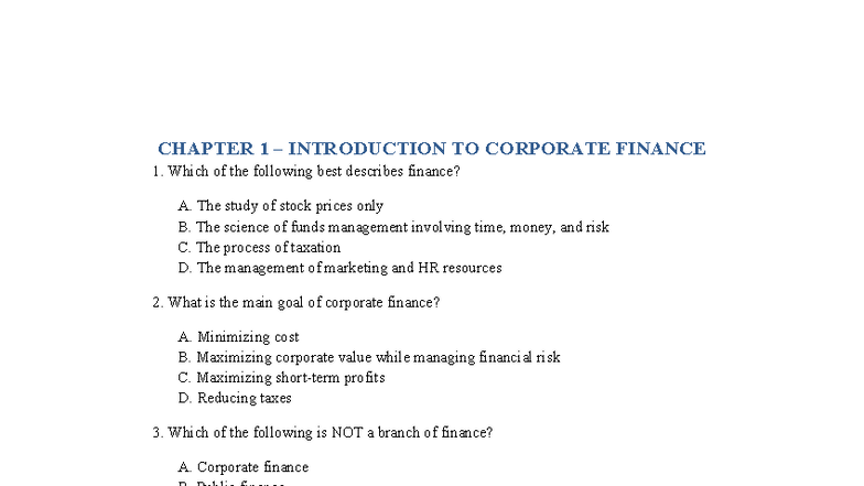 CHAPTER 1 MCQ: INTRODUCTION TO CORPORATE FINANCE - Studocu
