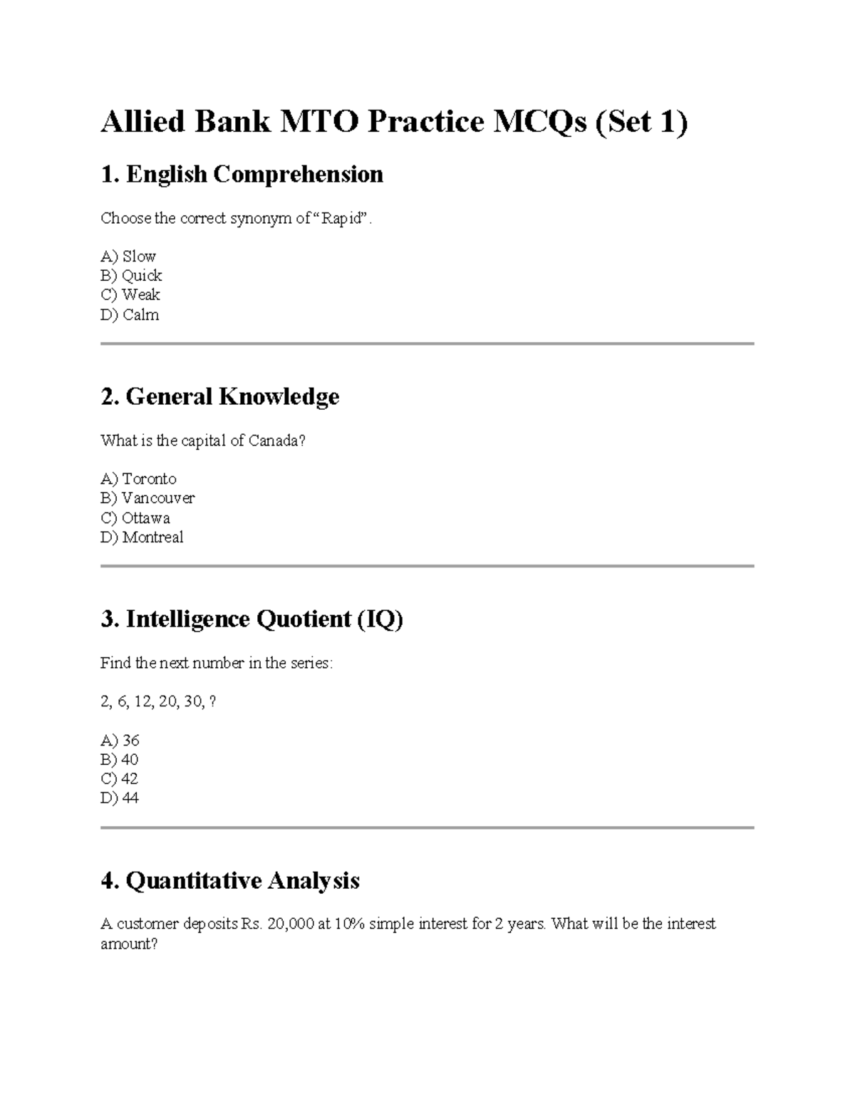 Allied Bank MTO Mock Test Practice MCQs (Set 1) - Studocu