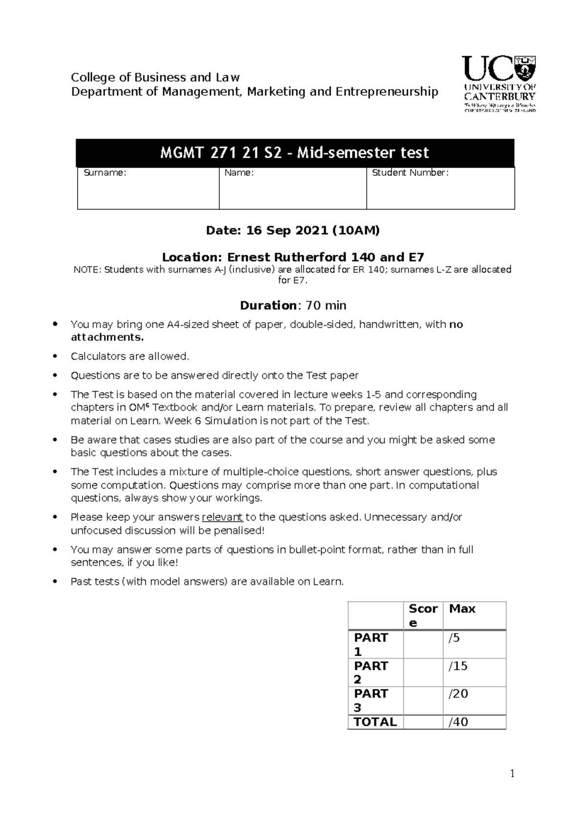 Mid-Semester Test - MGMT271 2021 - Printable Version for Students - Studocu