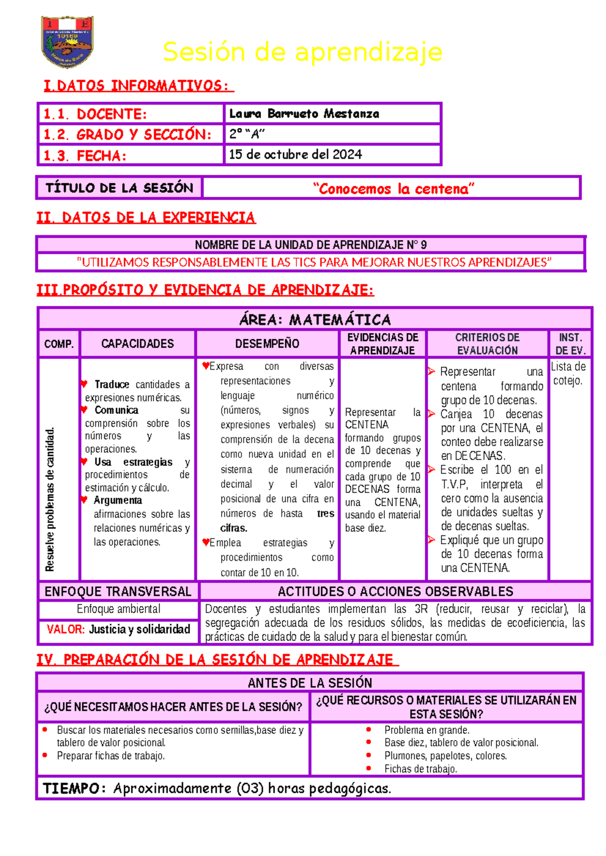 Sesión Matemática: Conocemos la Centena - Grado 2° A - 15/10/24 - Document Preview