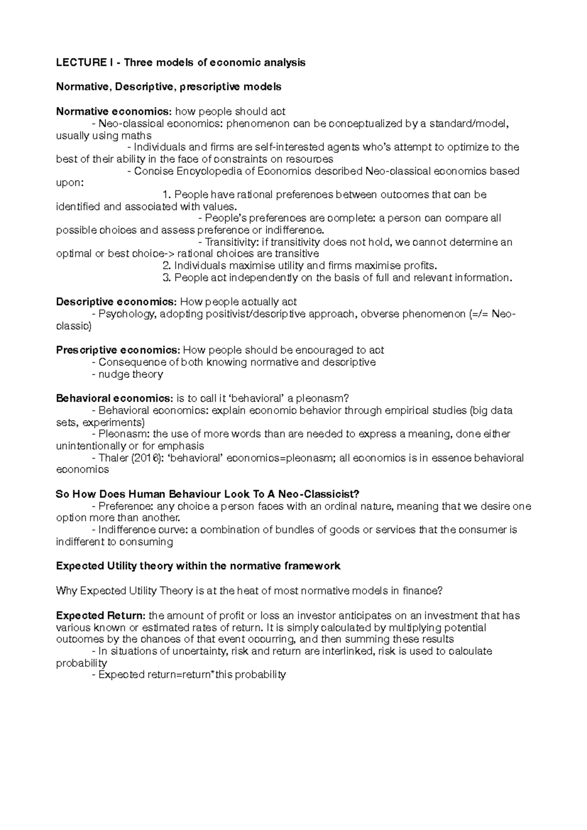 Lecture Notes on Economic Analysis Models - SPFM - Studocu