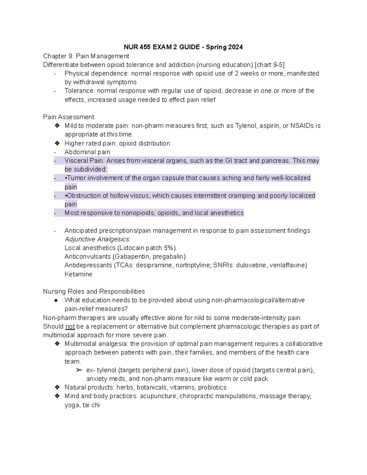 Spring 2024 NUR 455 Exam 2 Study Guide: Pain Management & More - Studocu