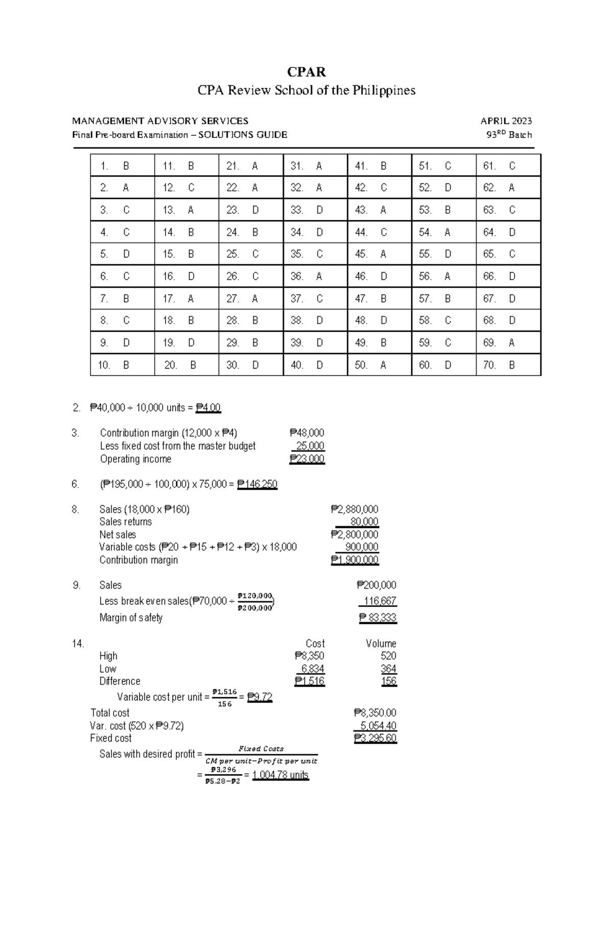 Final Pre-board Exam Solutions Guide - CPA Review Batch 93 - Studocu