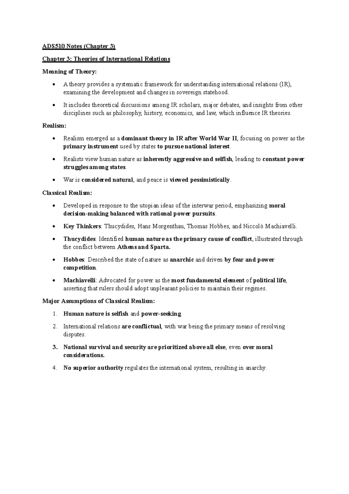 ADS510 Notes: Theories of International Relations (Chapter 3) - Studocu