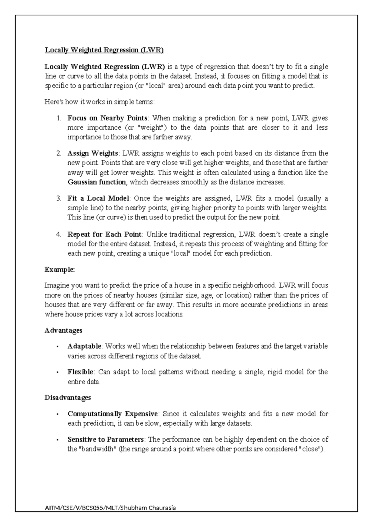Locally Weighted Regression (LWR): Concept, Examples & Insights - Studocu