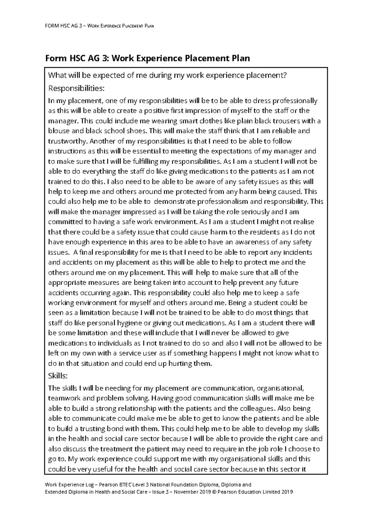 Unit 6 - Work Experience Placement Plan: Responsibilities & Skills ...