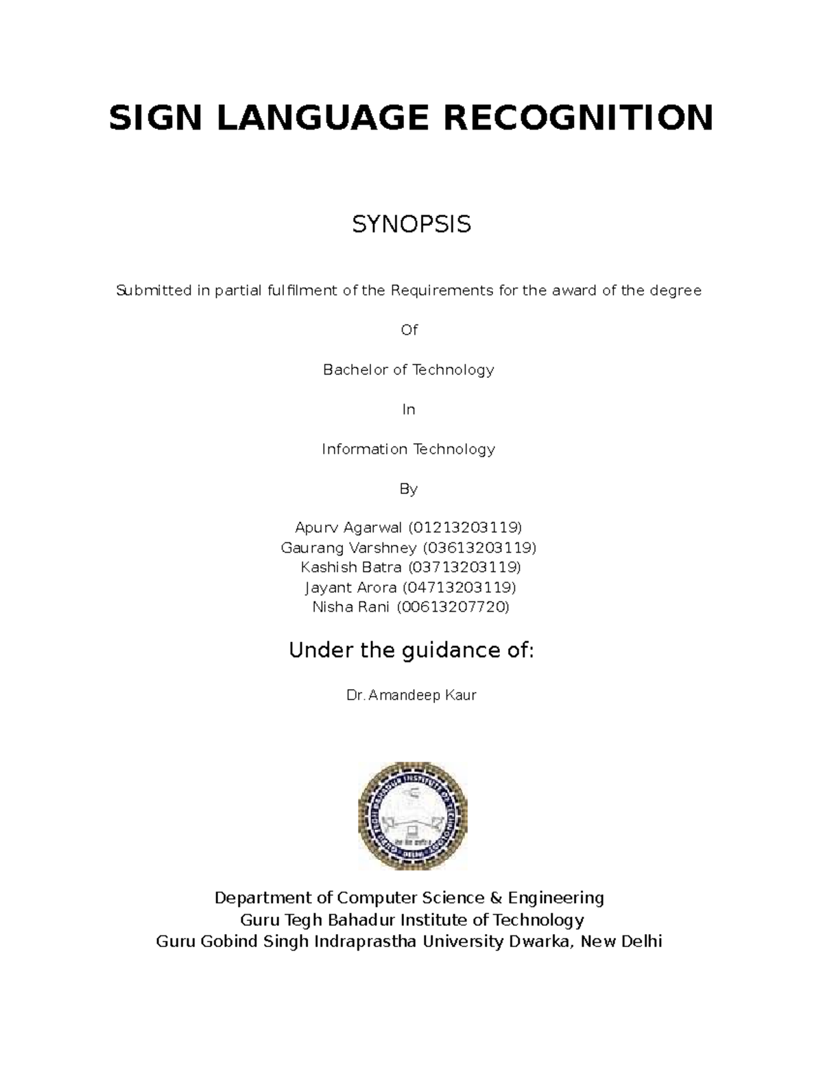 B.Tech Project Synopsis: Sign Language Recognition using Python - Studocu