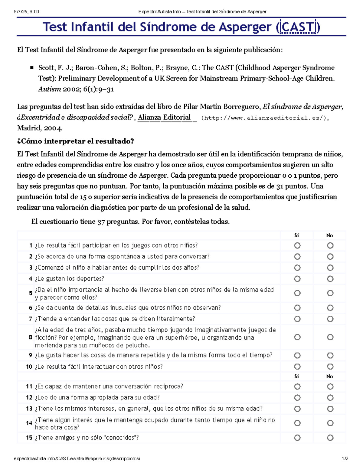 CAST: Test Infantil del Síndrome de Asperger y su Interpretación - Studocu