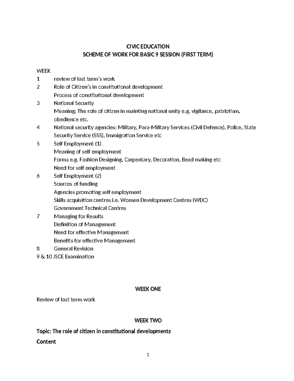 CIVIC EDUCATION SCHEME OF WORK FOR BASIC 9 (FIRST TERM) - Studocu