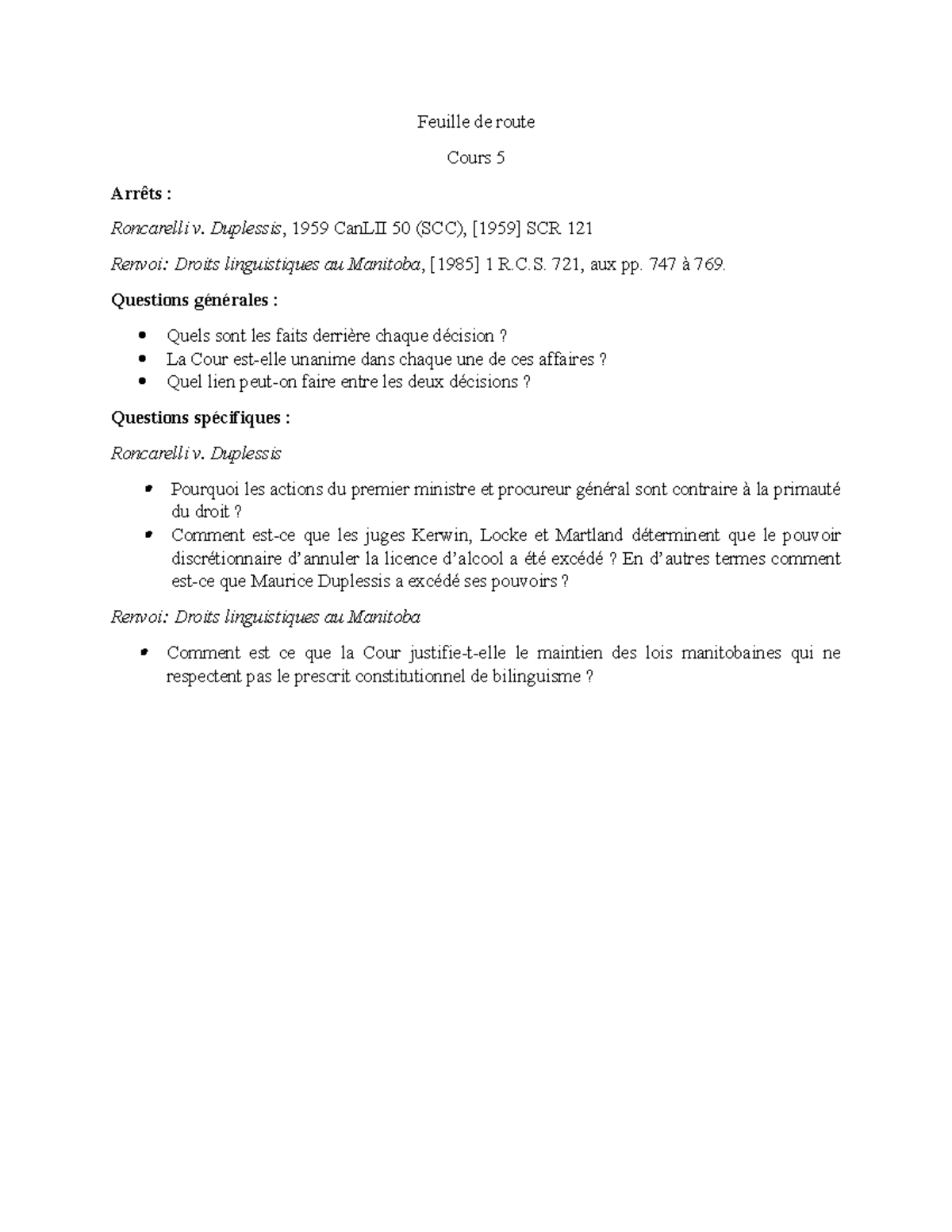 Feuille de route - Cours 5 : Roncarelli v. Duplessis & Droits ...