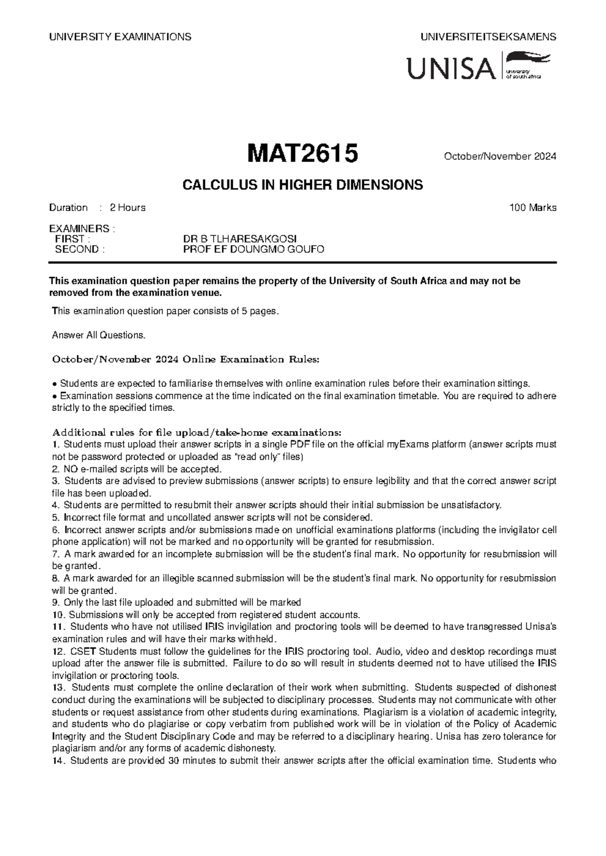 MAT2615 October/November 2024 Final Examination - Calculus in Higher ...